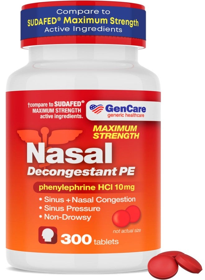 GenCare Nasal Decongestant PE – Phenylephrine HCl 10mg Tablets (Bulk 300 Count) Non-Drowsy Sinus Pressure Relief & Nasal Congestion Relief, Stuffy Nose Decongestants for Adults – Compare to Sudafed PE - Image 1